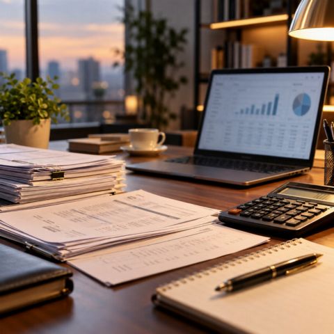 Laptopta mali tablo, faturalar ve hesap makinesi olan çalışma masası
