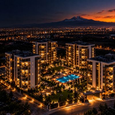Gece aydınlatılmış bir site ve otoparkı