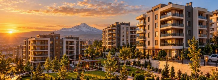 Gün batımında Erciyes manzaralı, peyzajlı yamaç sitesi